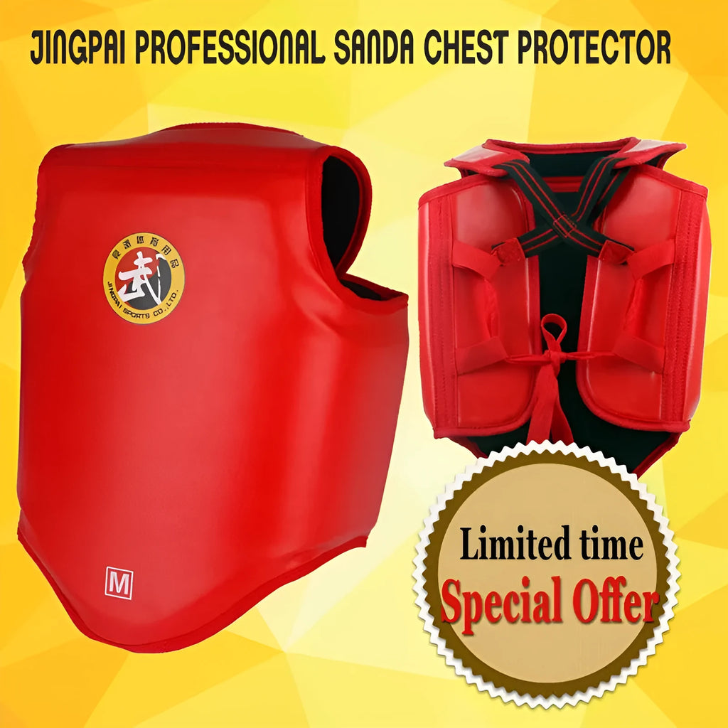 Red boxing helmet with integrated chest protector for fighting training
