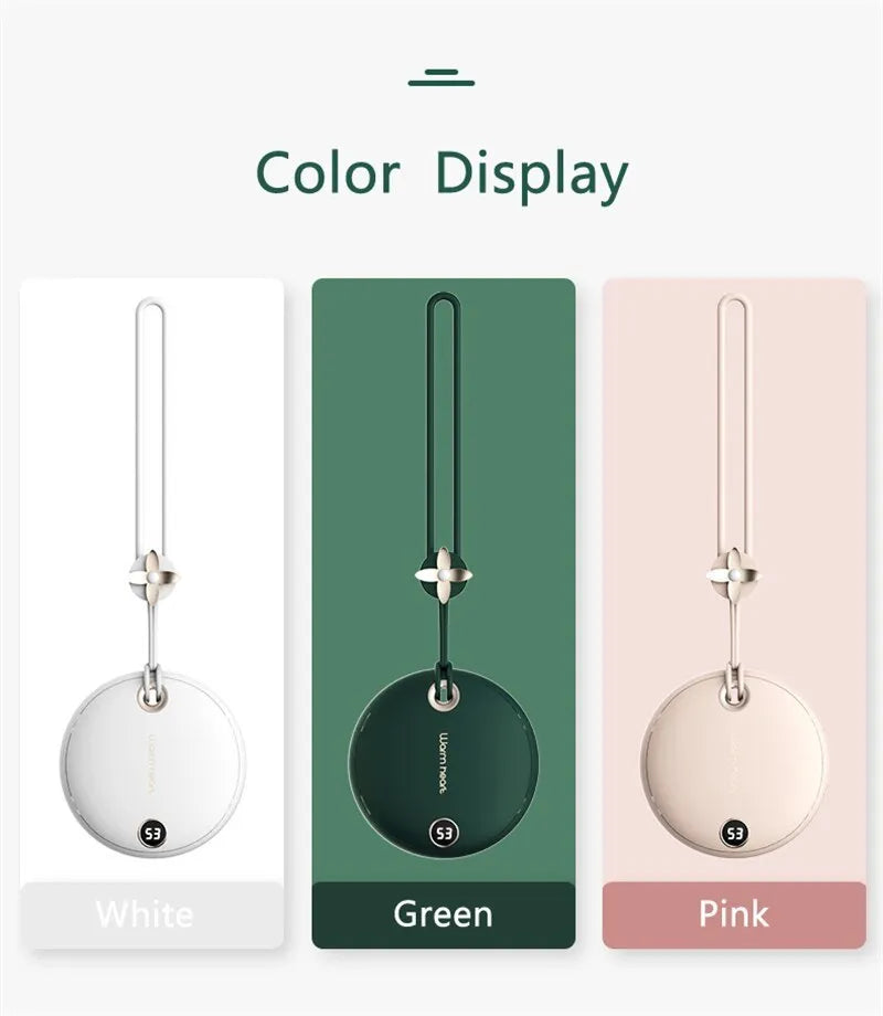 Green 5000mAh power bank with hand warmer function showing digital display, measuring 89.5mm square