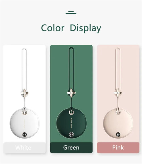 Green 5000mAh power bank with hand warmer function showing digital display, measuring 89.5mm square