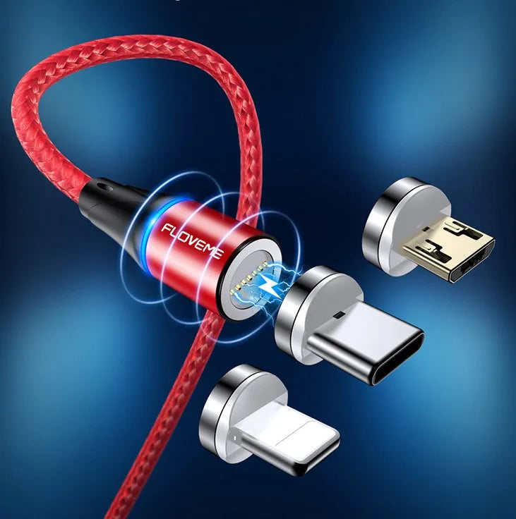 Black magnetic 3-in-1 fast charge data cable with side LED light for Apple and Android phones