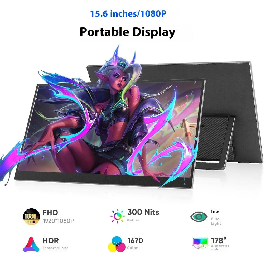 15.6-inch black portable monitor with adjustable stand on a desk next to a laptop