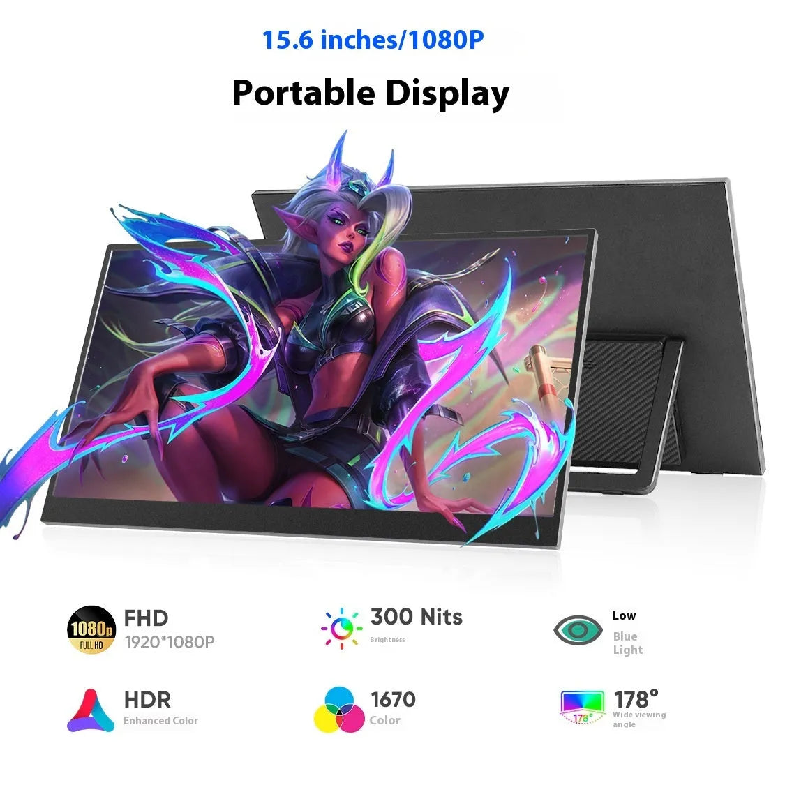 15.6-inch black portable monitor with adjustable stand on a desk next to a laptop