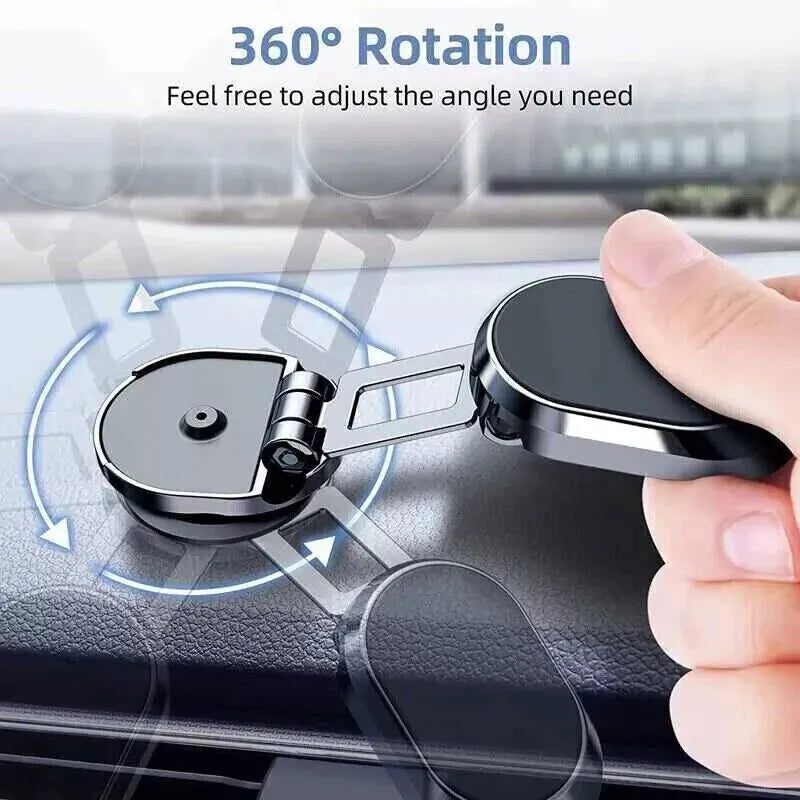 Chrome foldable magnetic car phone holder mounted on a dashboard, showing extended and retracted positions.