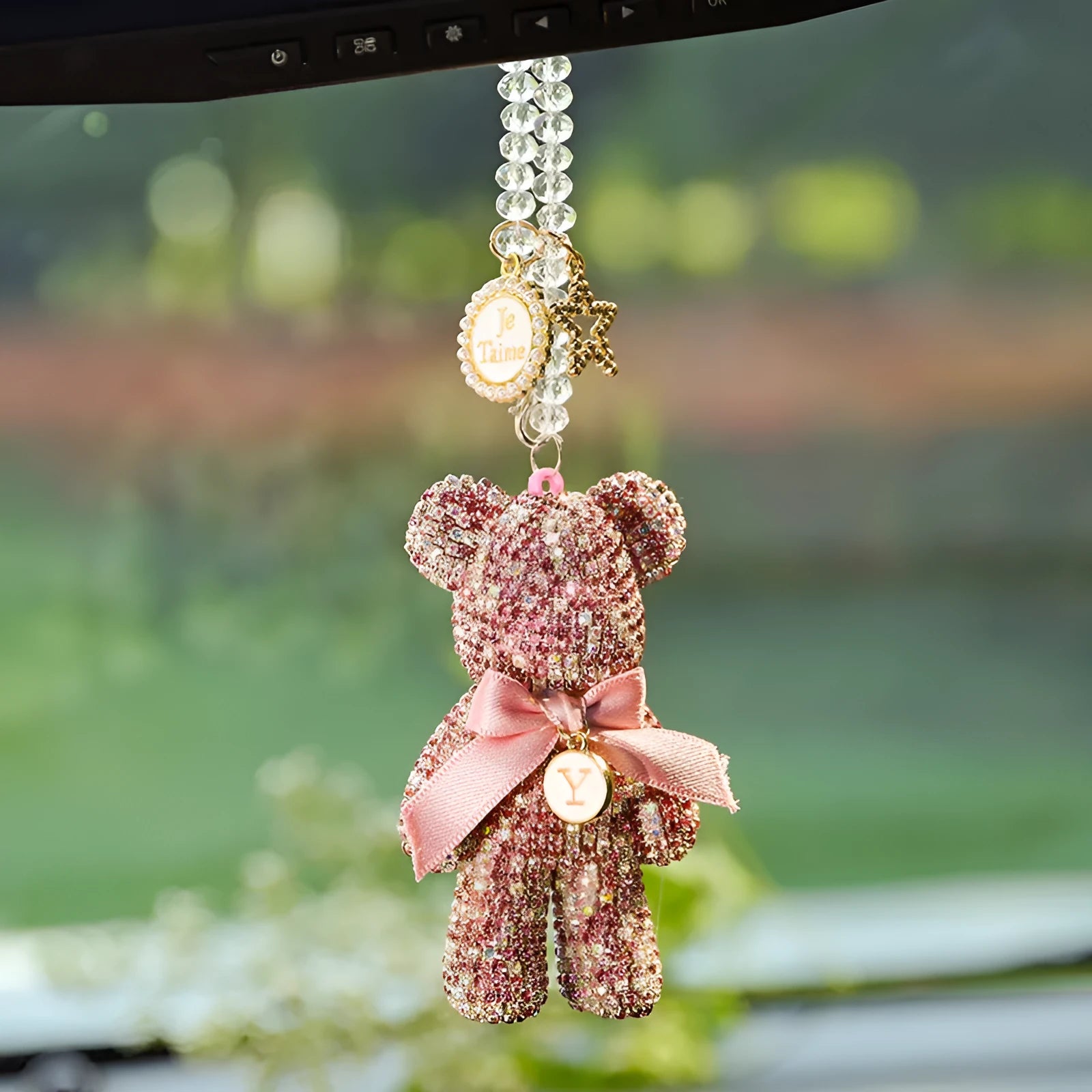Diamond-embedded violent bear car rearview mirror pendant ornament in black, white, or mixed pastel.
