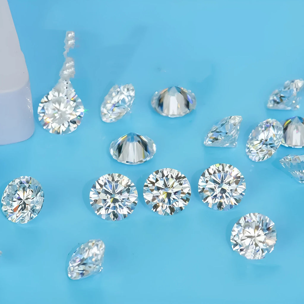 Round moissanite gemstone with eight hearts and eight arrows facet pattern on a white background.