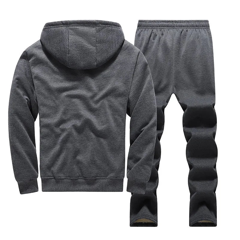 Fleece-lined thickened men's tracksuit in dark gray with hooded top and long trousers