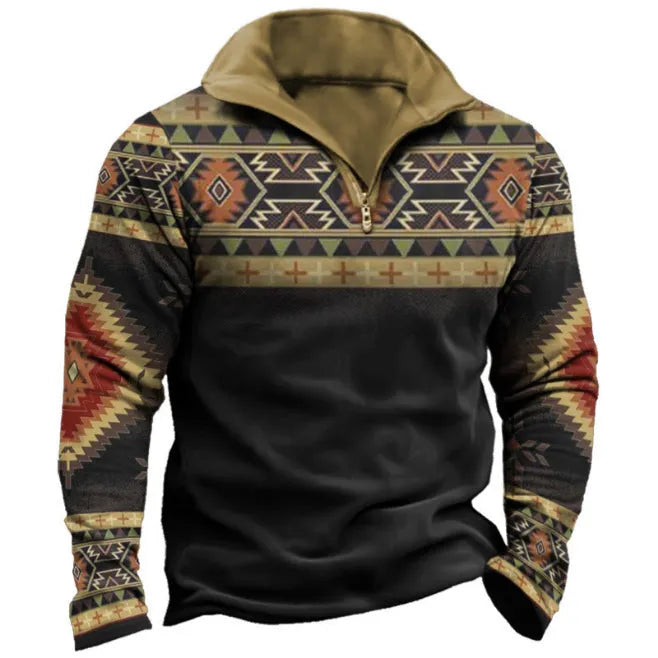 Men's loose-fit long-sleeve t-shirt with retro colour printing and zip decorations on sleeve
