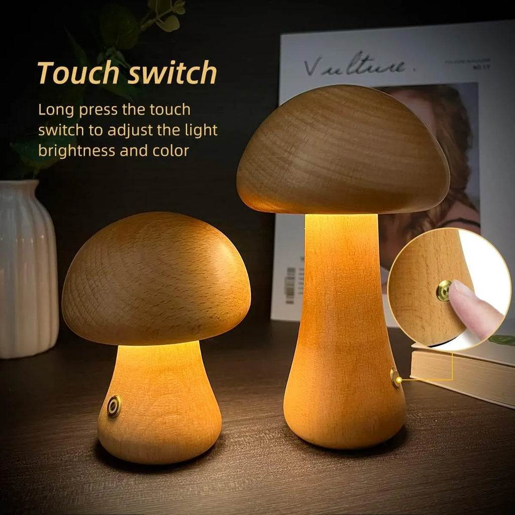 Wooden mushroom LED night light with touch switch in walnut finish on a bedside table