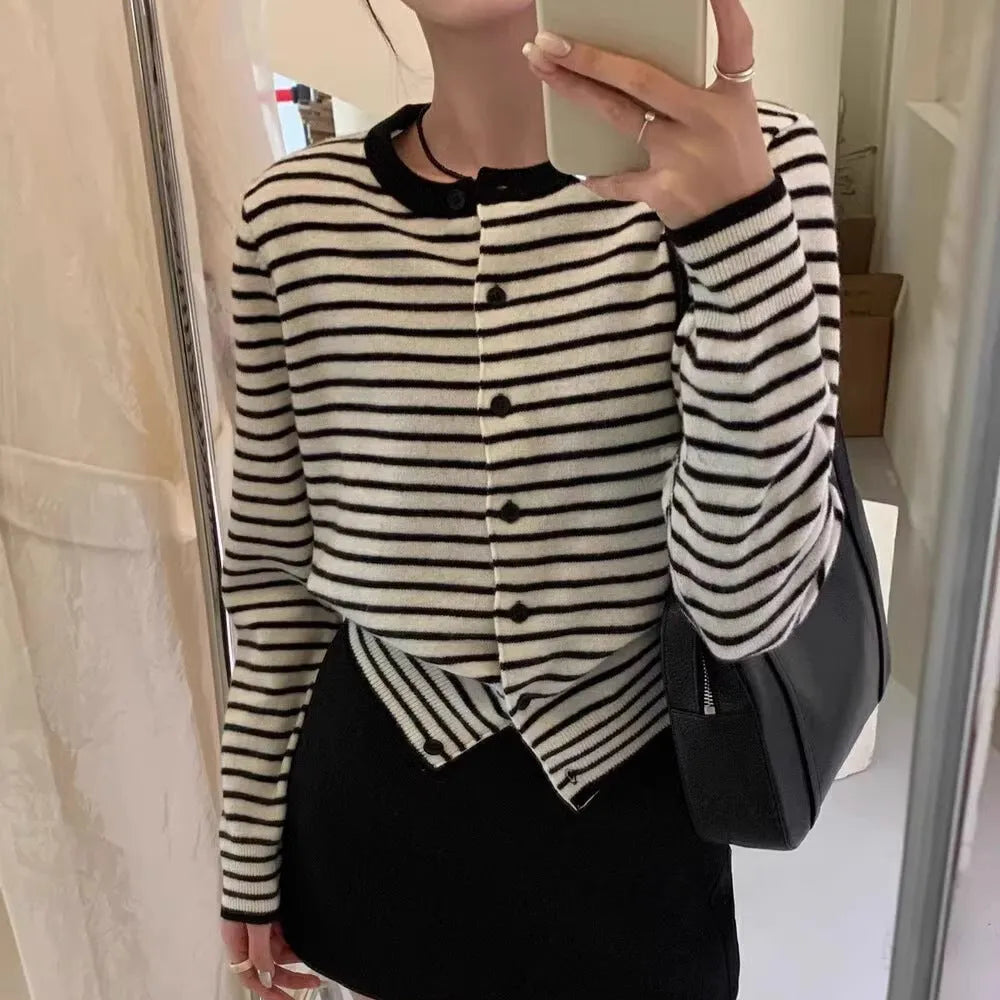 Women's dark grey and white striped slim-fit cardigan coat with long sleeves