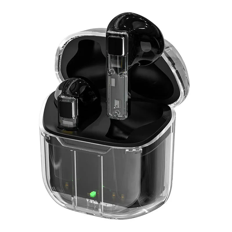 YX06 transparent case wireless TWS headphones in black, green, orange, or white colours