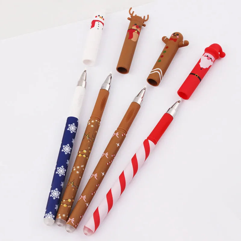 Four Christmas-themed erasable gel pens in a sleeve: Santa, gingerbread man, elk, and snowman designs