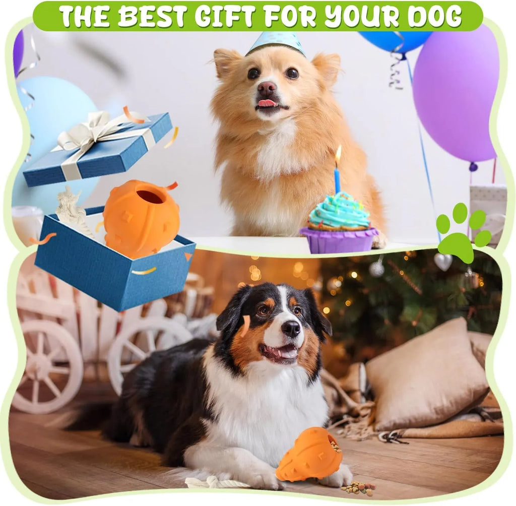Natural rubber stuffable dog fetch toy with a long strap, shown with treats.