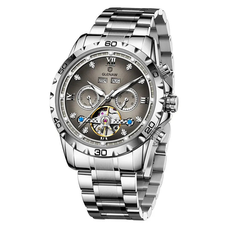 Men's automatic mechanical watch with stainless steel strap and metal case in business style