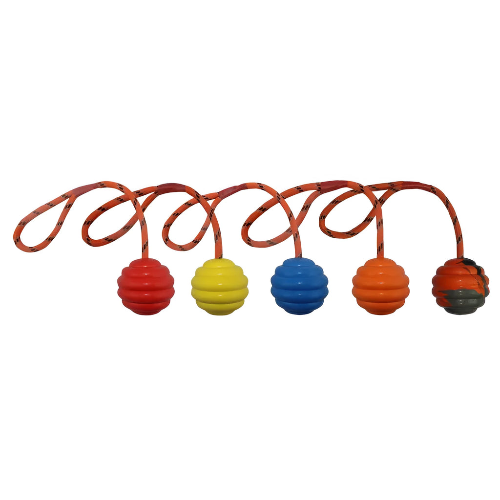 Rubber dog ball with rope knot in blue colour showing textured surface