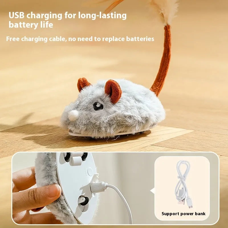 Electric cat toy with a plush mouse on a pole, shown in pink, grey, and purple colour options.