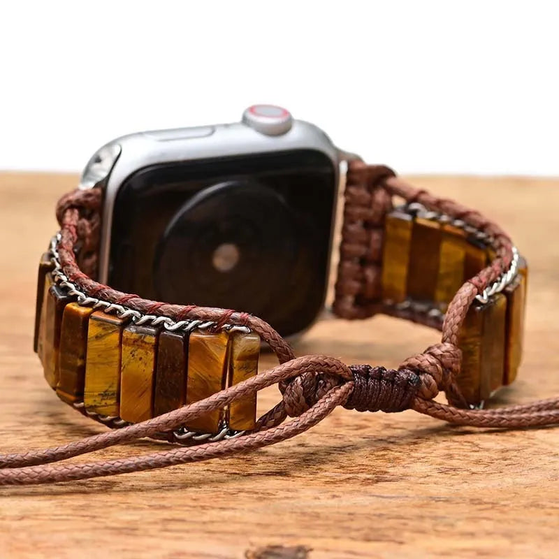 Men's textile watch strap with rectangular tiger eye stone chain, adjustable for 6.5-8.8cm wrists