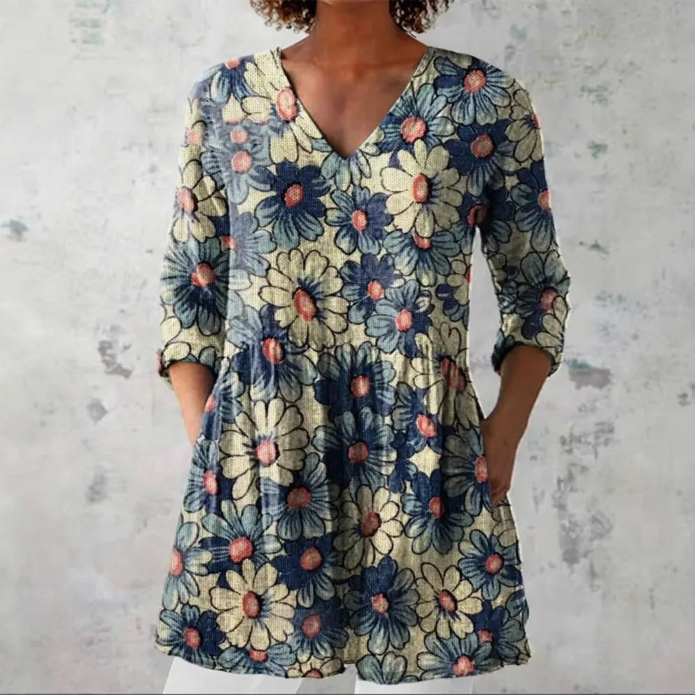 Women's long-sleeved polyester top in retro slim fit with digital print design.