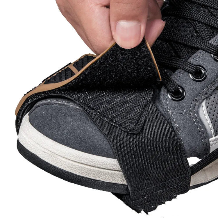 Non-slip widened rubber motorcycle gear cover in grey for adult shoes with hanging sleeve attachment