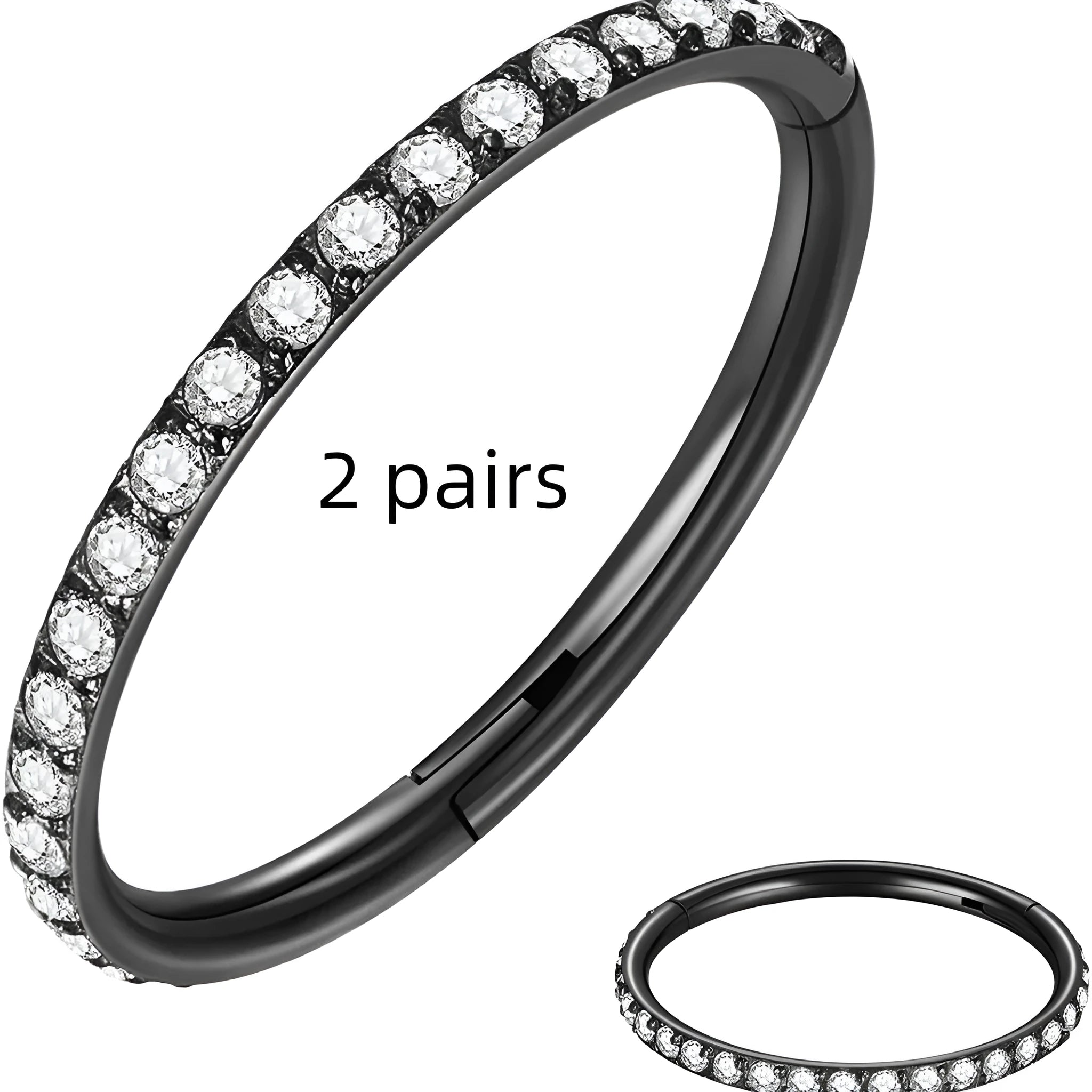 Two pairs of round, seamless 316 stainless steel nose rings showing black, gold, rose gold, and steel colour finishes.