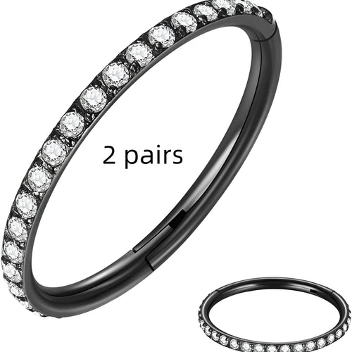 Two pairs of round, seamless 316 stainless steel nose rings showing black, gold, rose gold, and steel colour finishes.