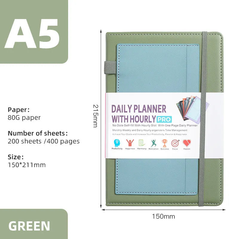 No-date planner notebook with PU cover in multiple colour options showing thread binding and planning stickers