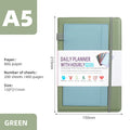 No-date planner notebook with PU cover in multiple colour options showing thread binding and planning stickers