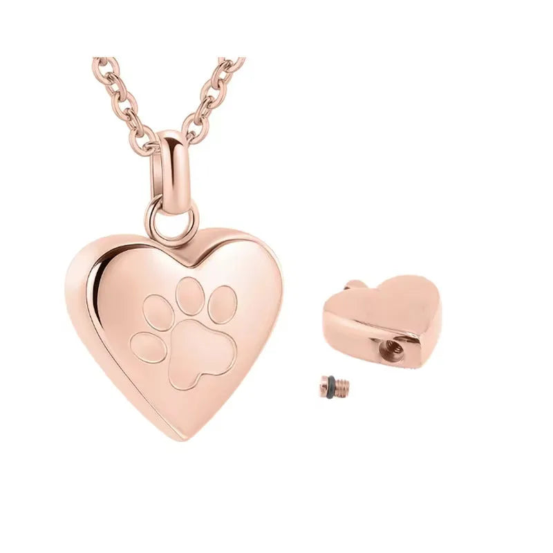 Titanium steel heart pendant necklace with paw print design and openable casket feature.