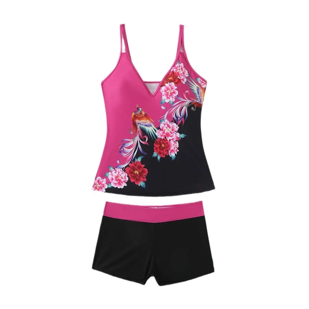 Women's plus size printed colour swimsuit briefs in black and rose red