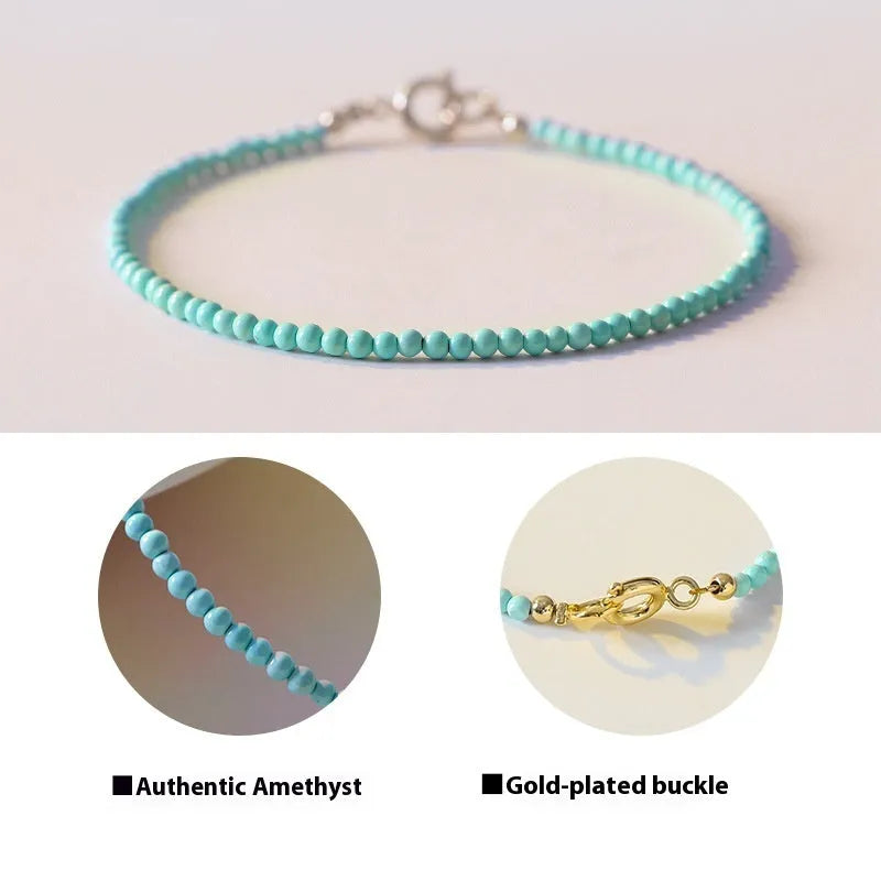 Women's 2mm raw ore turquoise bracelet with geometric beads and extension chain in Chinese style