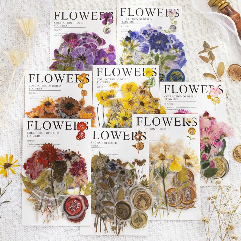 Dried flower journal sticker set with 40 PET sheets in 8 styles including rose nebula and starry night blue designs