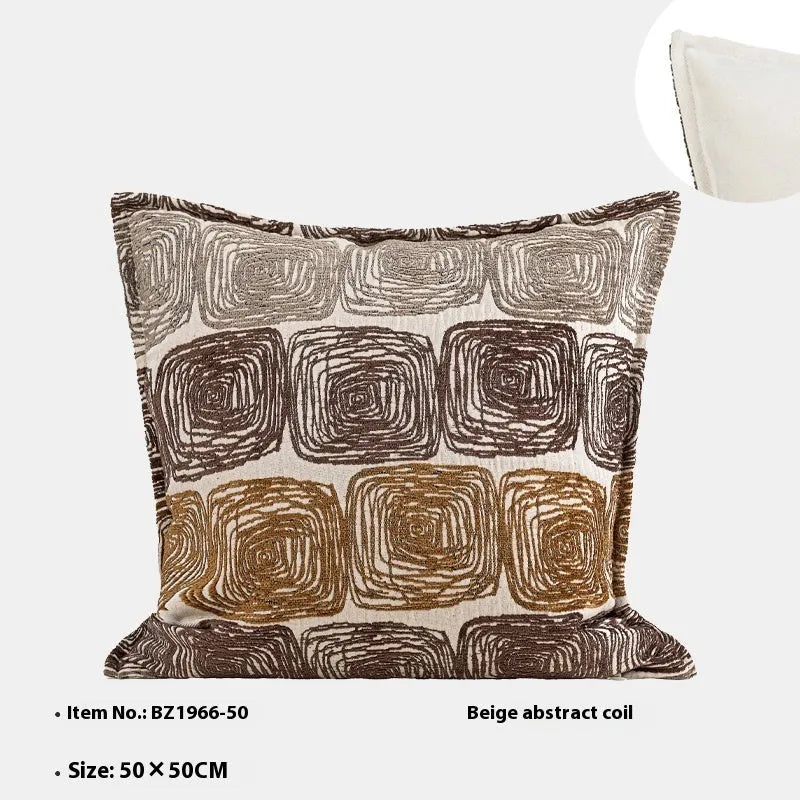 Square cream and coffee-coloured abstract coil pattern pillow cover, 50cm by 50cm.