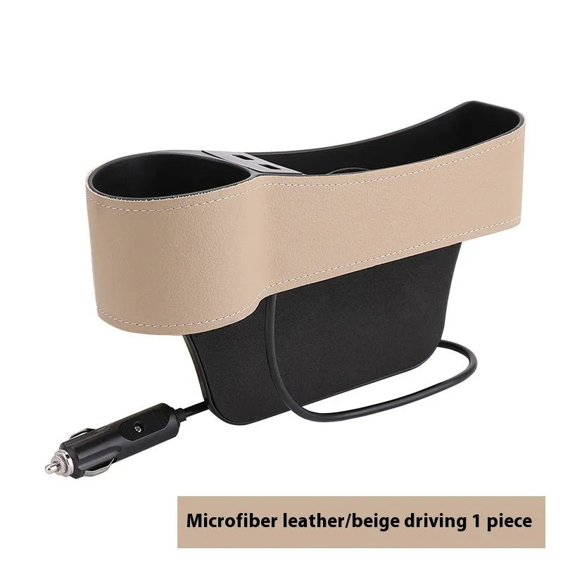 Car seat gap storage box with dual USB ports and PU leather finish in black and red, fitted between seat and centre console