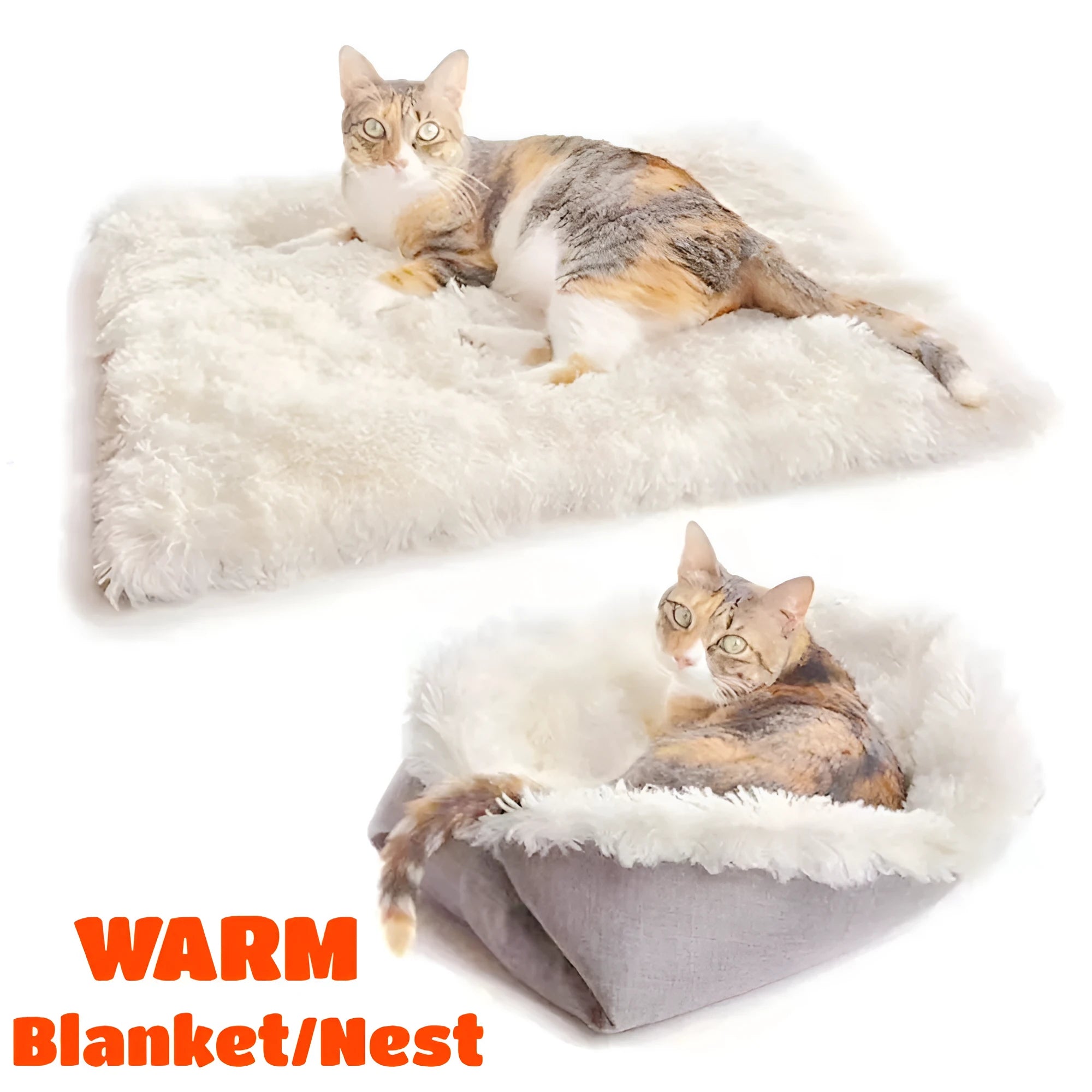 Grey pet warm pad with long plush hair and black non-slip bottom for cats and dogs