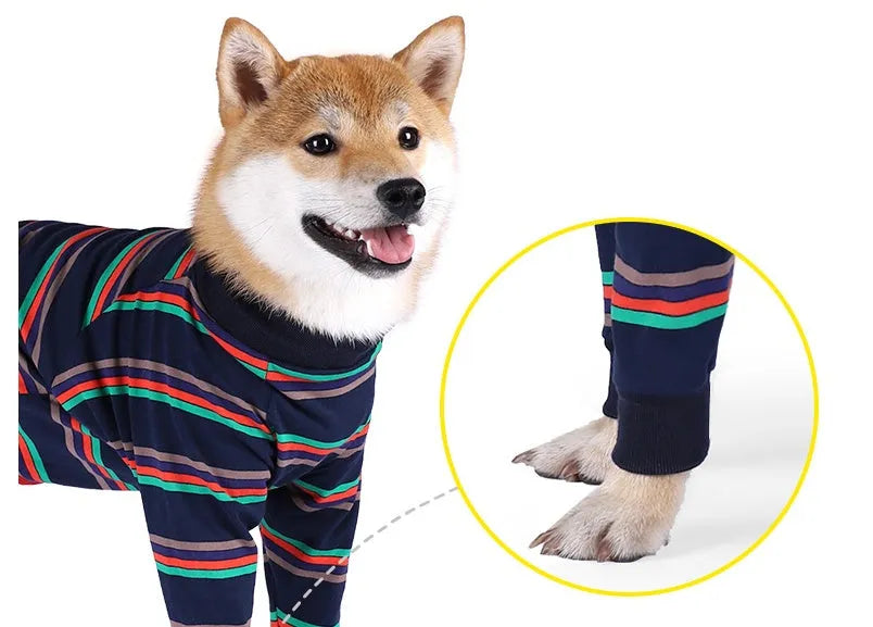 Grey fully enclosed high elastic four-legged cotton dog pajamas on a small dog