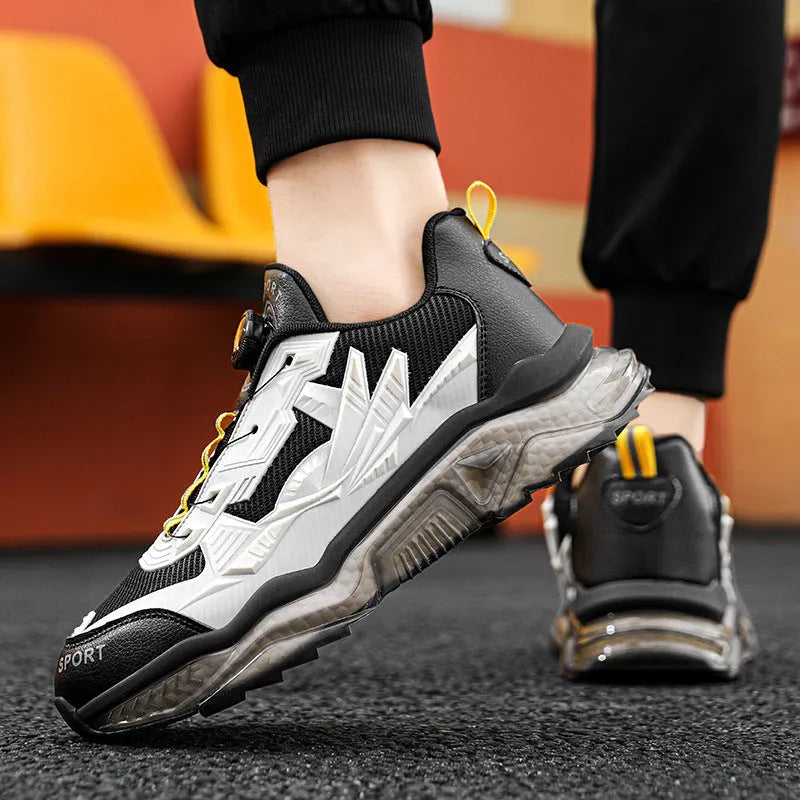Men's black rotating button dad shoes with mesh upper and platform sole on a white background