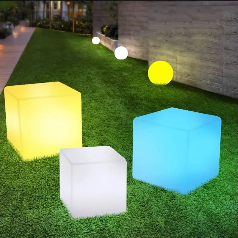 Waterproof LED cube stool light in modern square design for outdoor seating and lighting