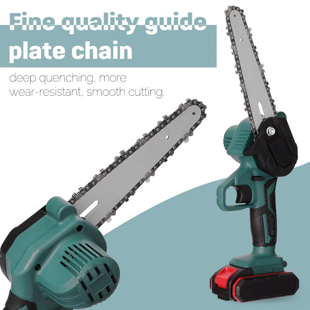 Black one-hand mini electric chainsaw with 4-inch guide, shown on a wooden surface.