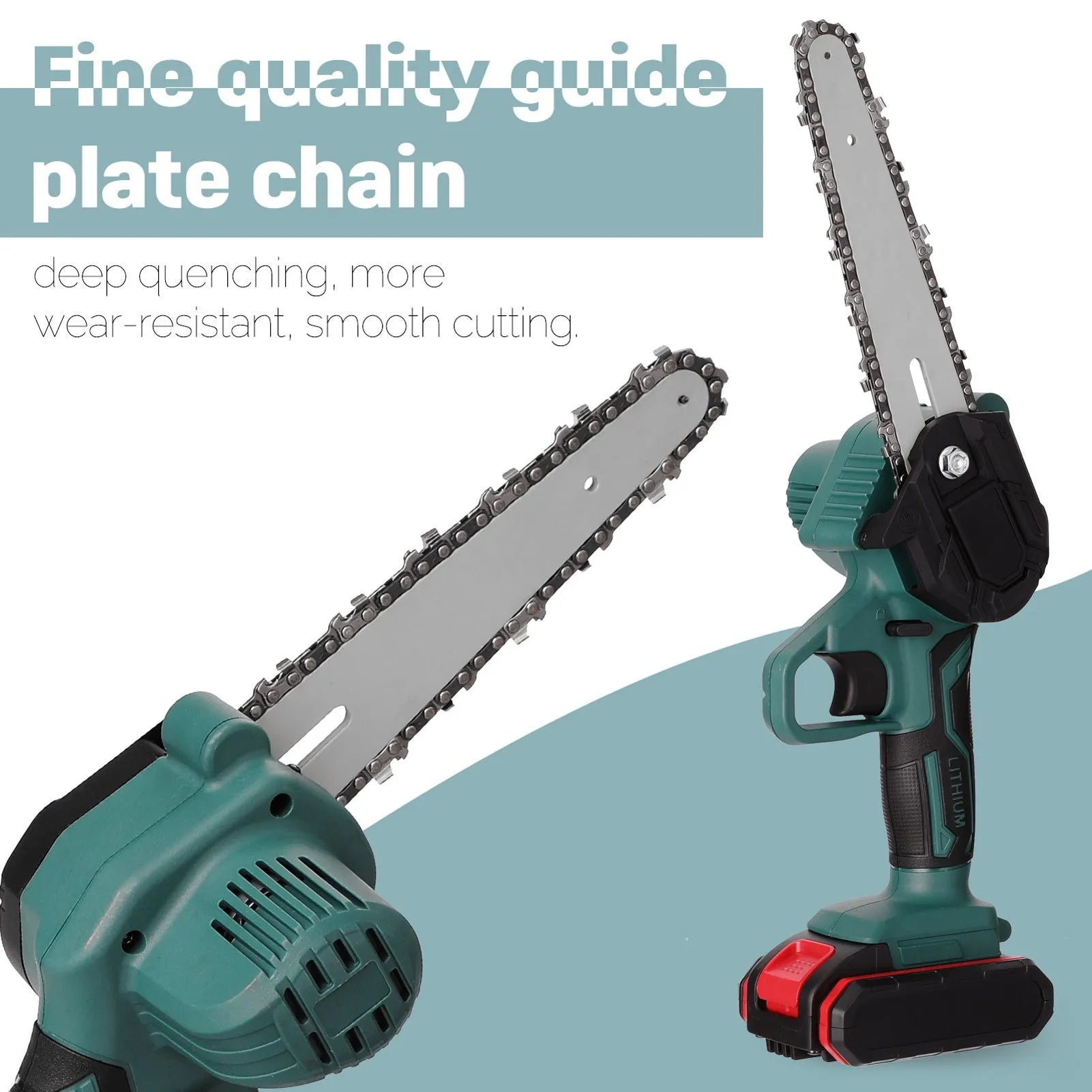 Black one-hand mini electric chainsaw with 4-inch guide, shown on a wooden surface.