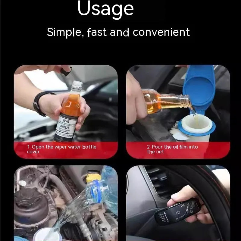 150ml spray bottle of car glass oil film remover cleaner in blue and yellow packaging options.