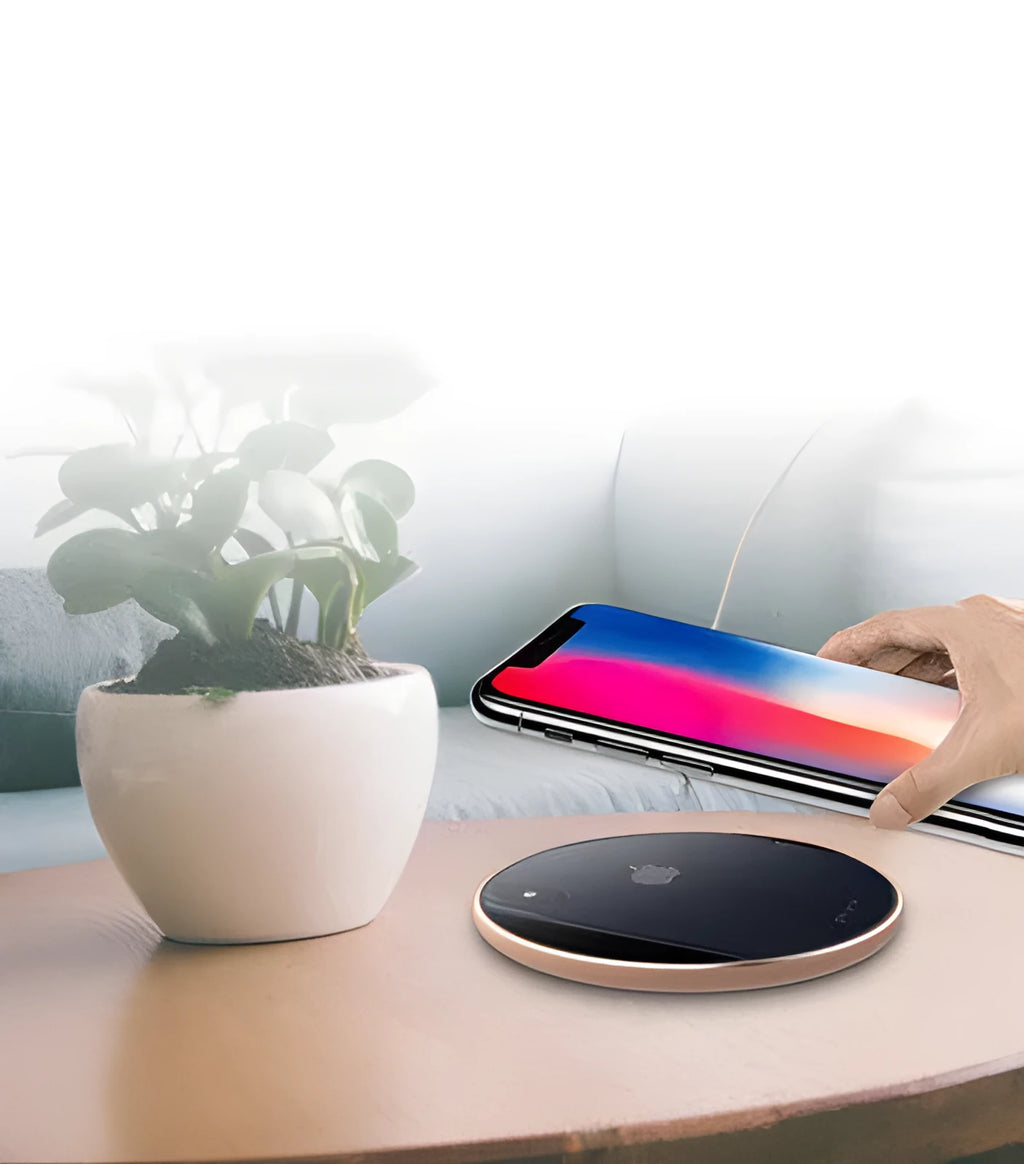 Ultra-thin aluminium alloy wireless charger in metallic finish with LED indicator light