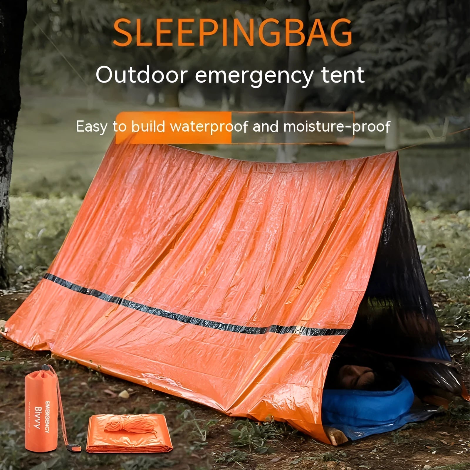 Portable orange disaster relief tent with sleeping bag and emergency blanket accessories