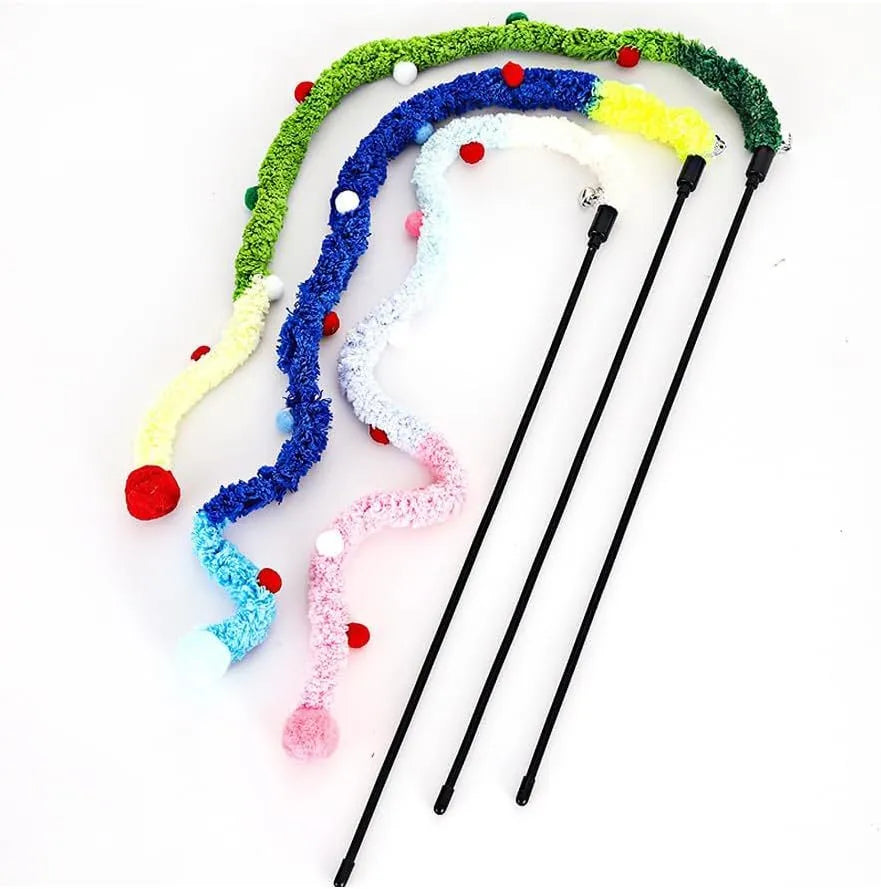 Interactive cat wand toy with colourful plush strip and bell attachment for indoor play