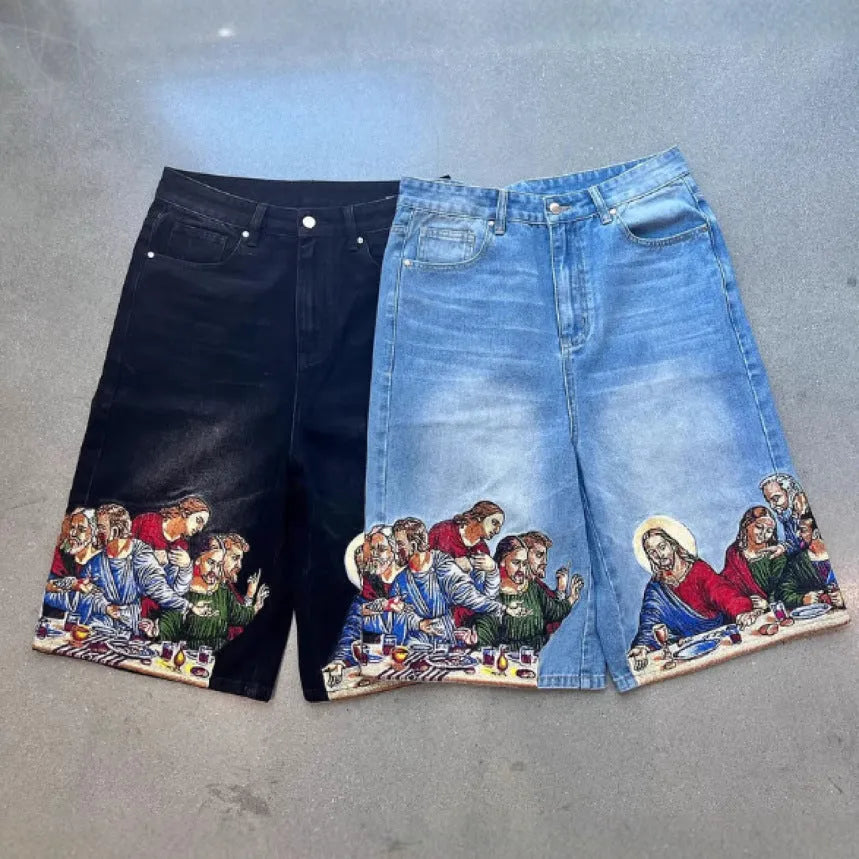 Blue men's tapered cotton shorts with a Jesus print on the back pocket