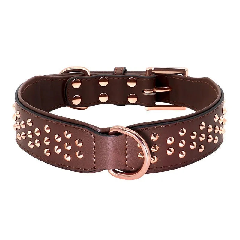 Leather dog collar with anti-bite rivets in black, chocolate, or pink colour options