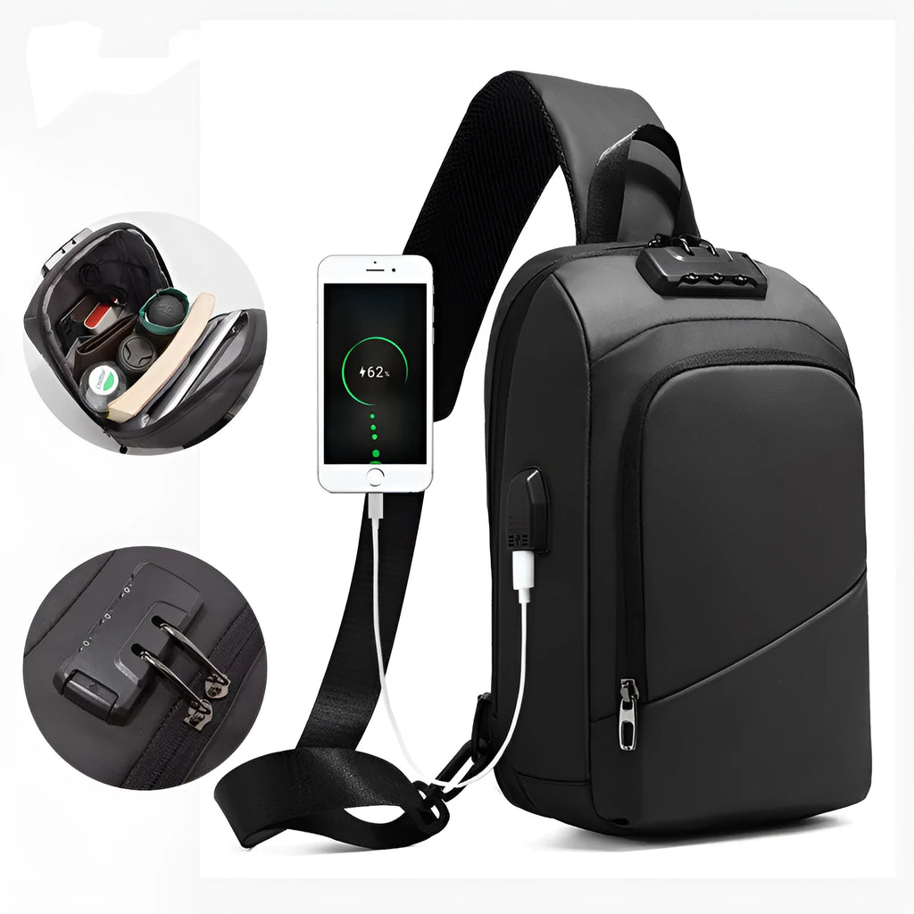 Anti-theft lock chest bag shoulder bag USB charging crossbody bag black Polyamide