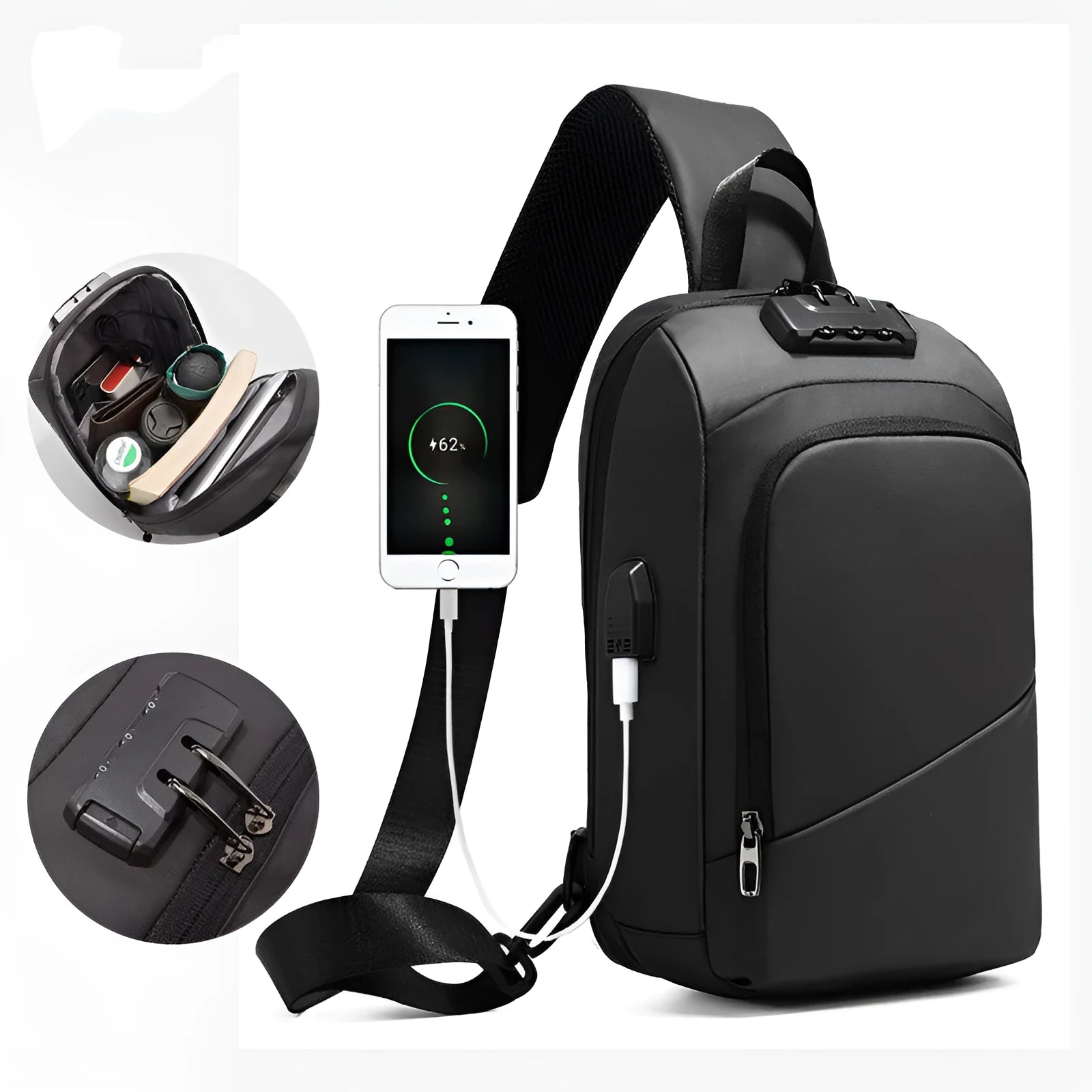 Anti-theft lock chest bag shoulder bag USB charging crossbody bag black Polyamide