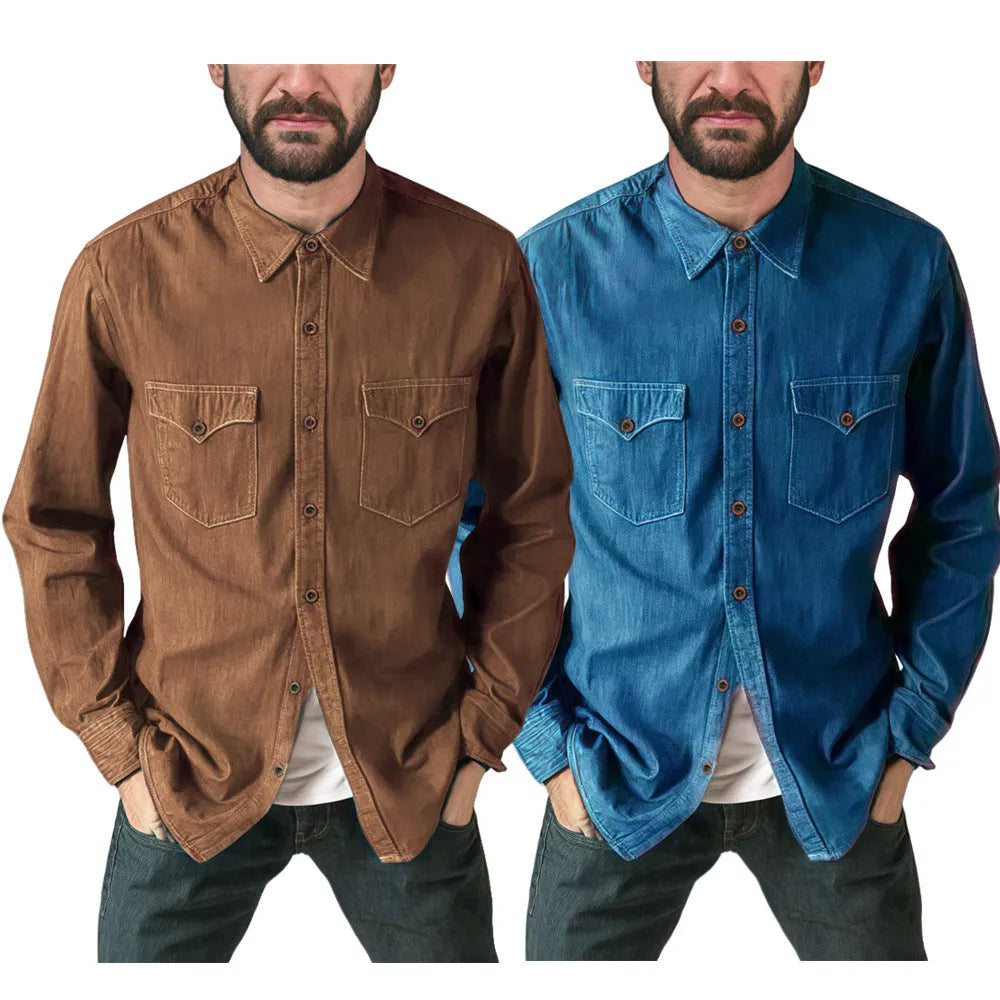 Men's cotton denim cardigan coat shown in khaki, black, blue, and grey colour options.