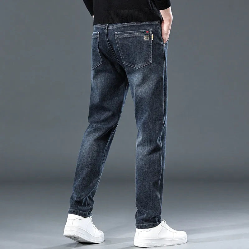 Blue grey slim straight casual trousers with mid waist design and pencil leggings style