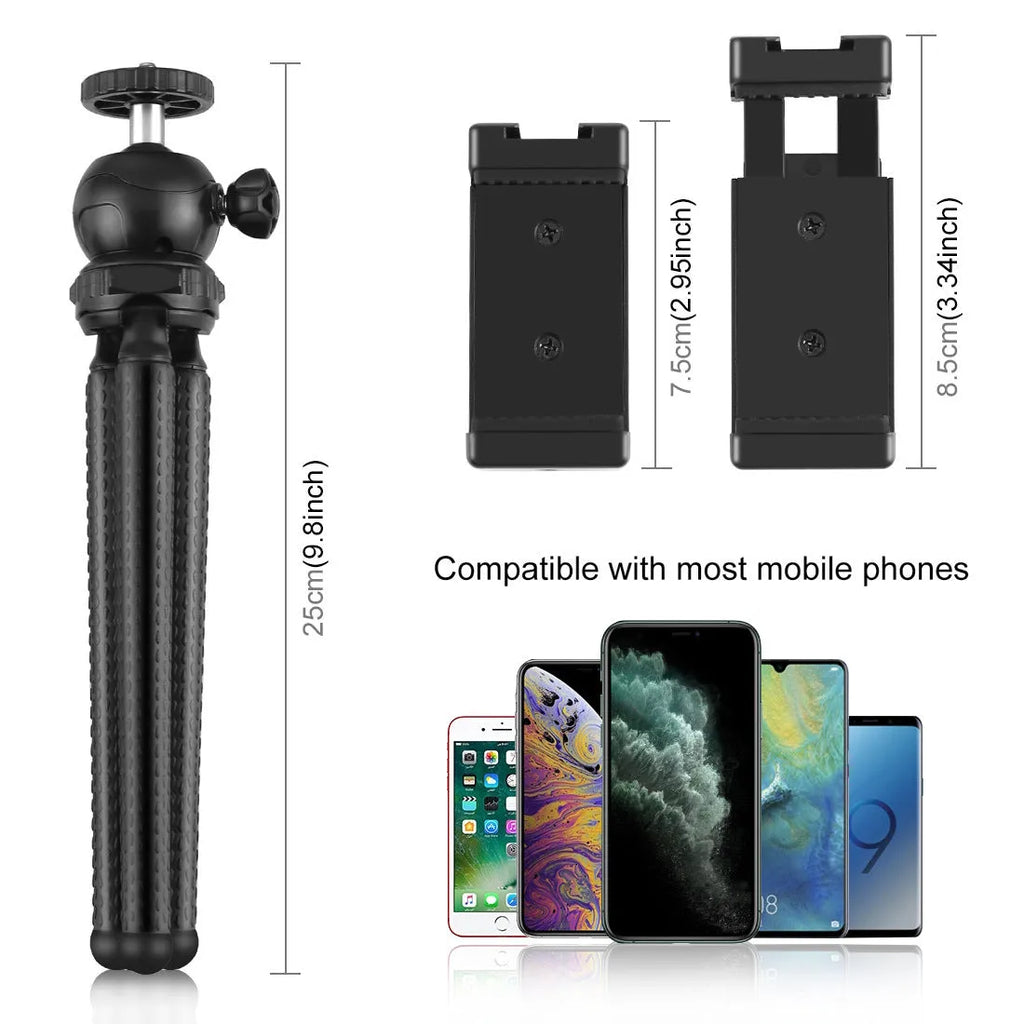 Black octopus tripod with flexible legs and fill light microphone for Apple iPhone live broadcasting