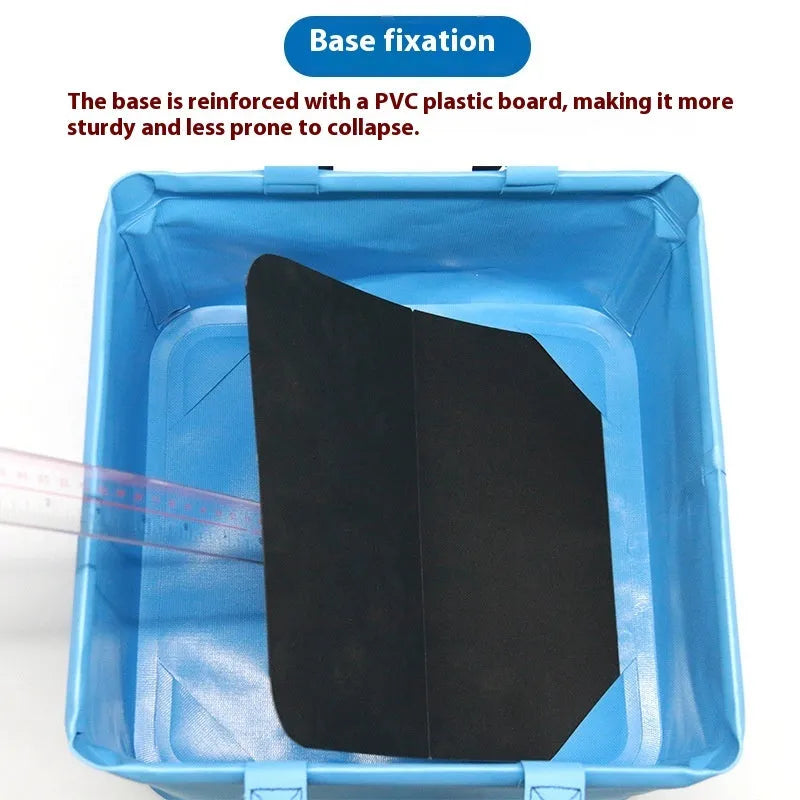 Square folding fishing bucket in outdoor setting, multi-colour coated design with handle